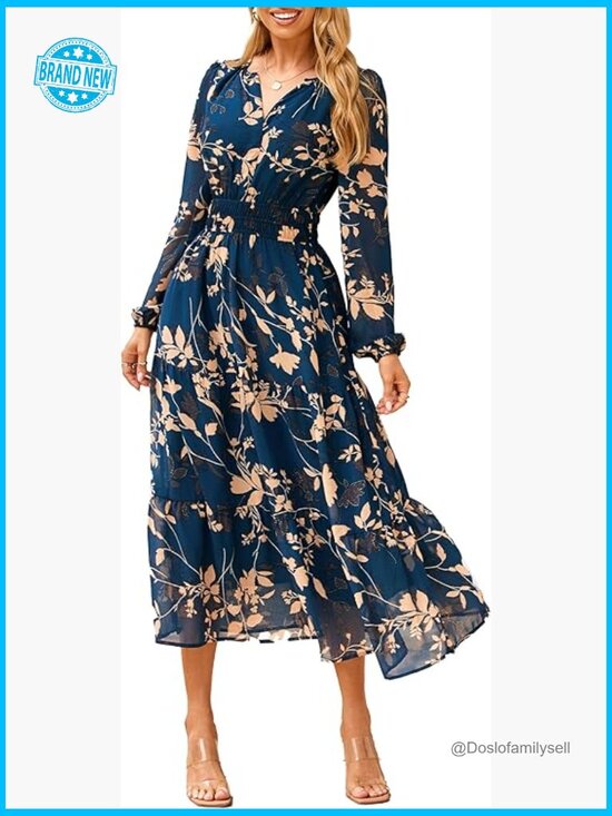 Floral Boho Maxi Dress Long Sleeve V Neck Empire Waist Swing Flowy Wedding Guest